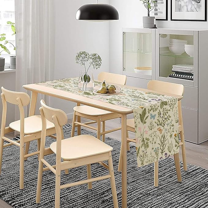 Floral Botanical Table Runner, Garden Spring Flower Botanical Butterfly Animal for Restaurant, Kitchen, Wedding, Party Rectangular Table Runner Decoration,13in（33cm） W * 120in（305cm） L