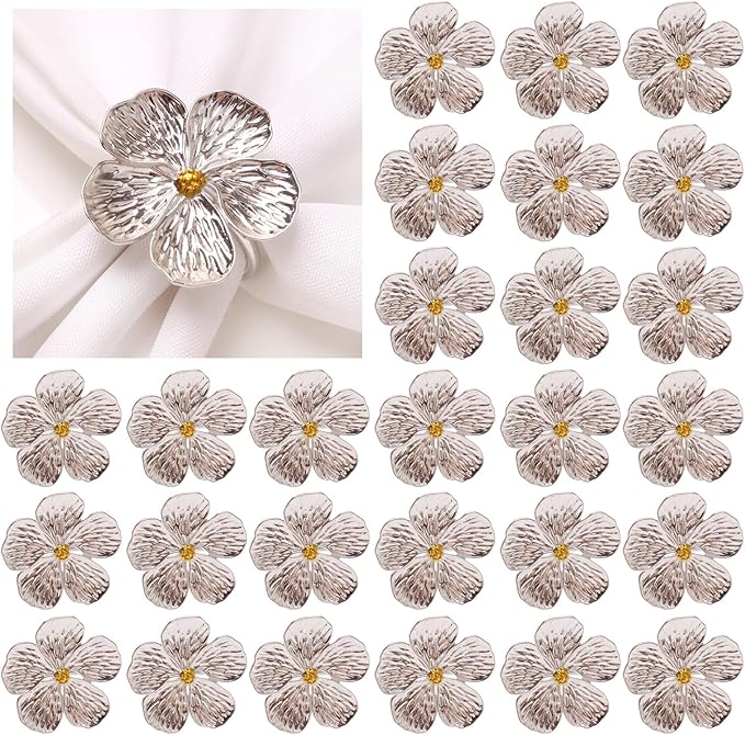 Flower Napkin Rings Set of 50, Plum Blossom Napkin Ring Silver Floral Holder for Wedding Season Banquet Party Décor Holiday Dinner Delicate Serviette Buckles Table Setting (Silver 50)