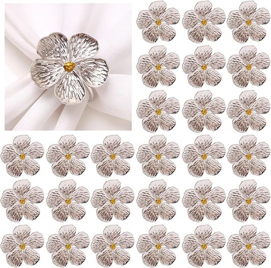 Flower Napkin Rings Set of 50, Plum Blossom Napkin Ring Silver Floral Holder for Wedding Season Banquet Party Décor Holiday Dinner Delicate Serviette Buckles Table Setting (Silver 50)