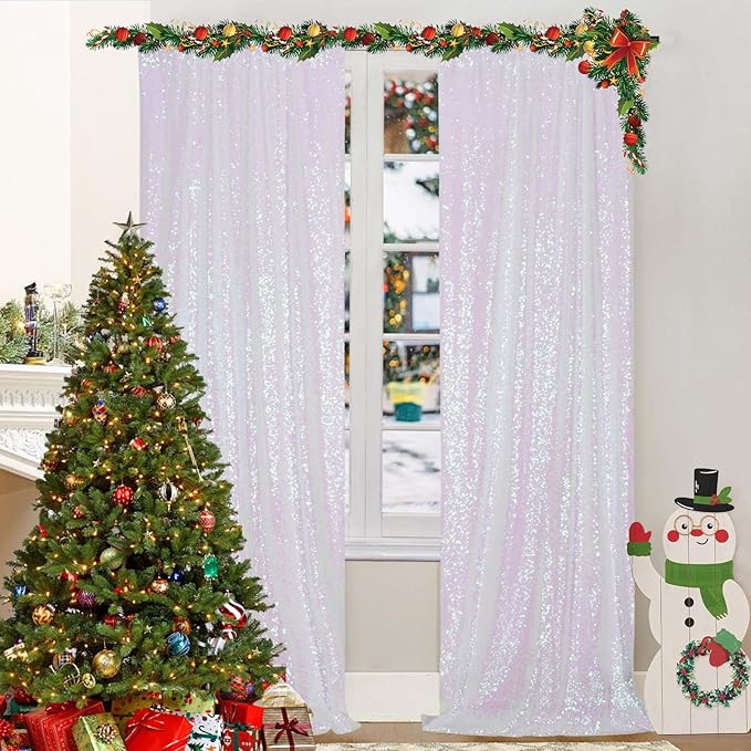 Juya Delight White Iridescent Backdrop Curtain, Sequin Photography Backdrop Curtain for Wedding Party Decoration Festival Ceremony,White Iridescent,2ftx8ft,2 Panels