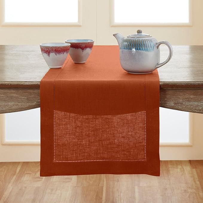 Solino Home Linen Cinnamon Table Runner 72 Inches Long - 100% Pure Linen Hemstitch Table Runner 14 x 72 Inch for Dresser, Dining, Fall, Autumn, Halloween, Thanksgiving - Classic Hemstitch