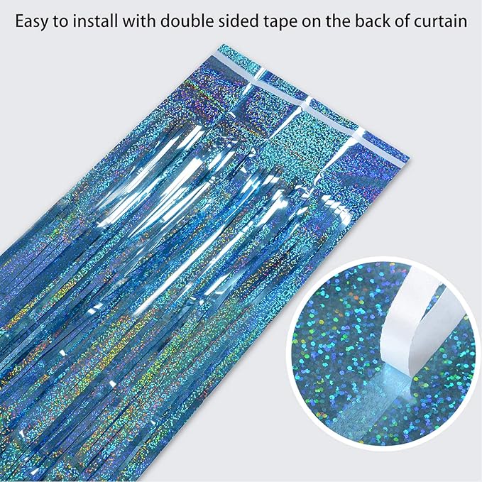 Melsan 2 Pack 3.2 ft x 8.2 ft Tinsel Foil Fringe Curtains Backdrop, Sparkle Metallic Foil Curtains for Party Photo Booth Props Baby Shower Memaid Decoration, Light Blue