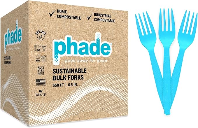 phade 100% Compostable Forks – BPI Certified Sustainable PHA Flatware, 550 Unwrapped Bulk Count, 6.5 Inch Eco-Friendly Disposable Utensils for Home, Catering, Events – Made in USA