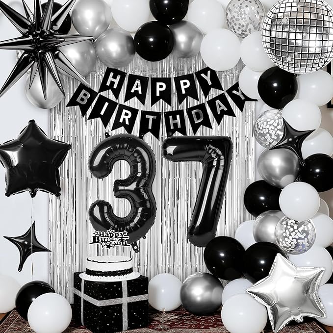 37th Birthday Decorations for Men Women, Black Silver Happy Birthday Party Decorations， 37 Year Old Party Supplies with Number 37 Balloons, Banner, Fringe Curtains Kit
