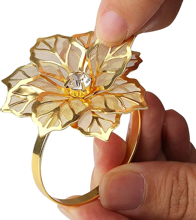KPOSIYA Flower Napkin Rings Holder Metal Gold Napkin Rings Set of 6 for Wedding Party Holiday Banquet Christmas Dinner Delicate Serviette Buckles Decor Favor (6, Flower-Gold)