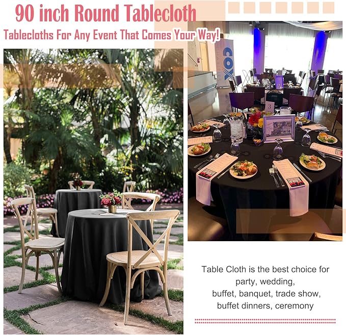 6 Pack Round Tablecloths - 90 Inch, Black Polyester Table Cover for Round Table, Stain and Wrinkle Resistant Washable Fabric Tablecloth, Polyester Tablecloth for Wedding Banquet Parties