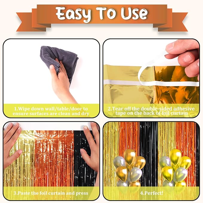 3 Pack 3.3 x 8.2 ft Black Gold Orange Foil Fringe Backdrop Curtains, Tinsel Streamers Party Decorations, Fringe Backdrop, Door Shimmer for Construction or Birthday Party