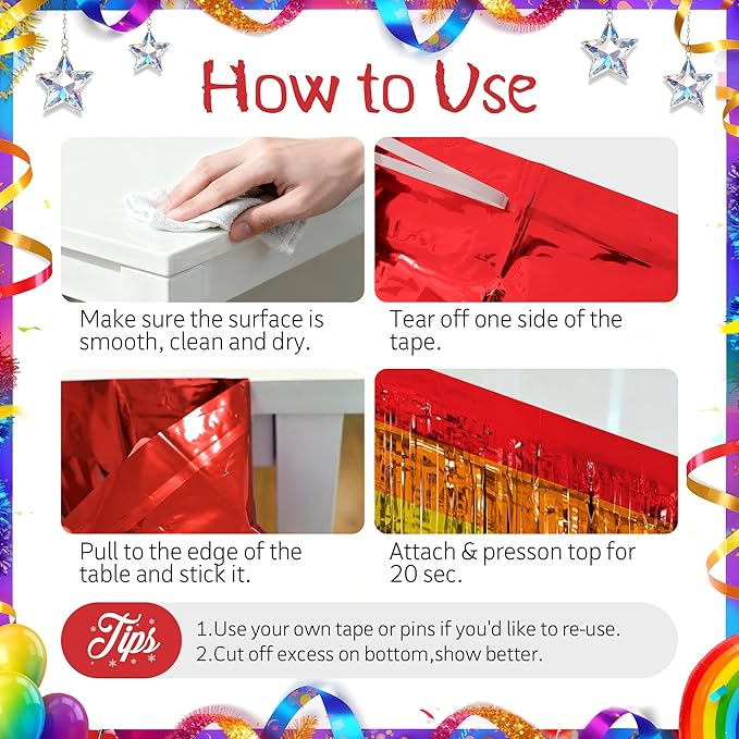 2 Pack Rainbow Table Skirts, 29x108" Metallic Foil Tinsel Fringe Table Skirts for Rectangle Tables Streamer Curtains Backdrop, Party Decorations for Birthdays Weddings Holidays