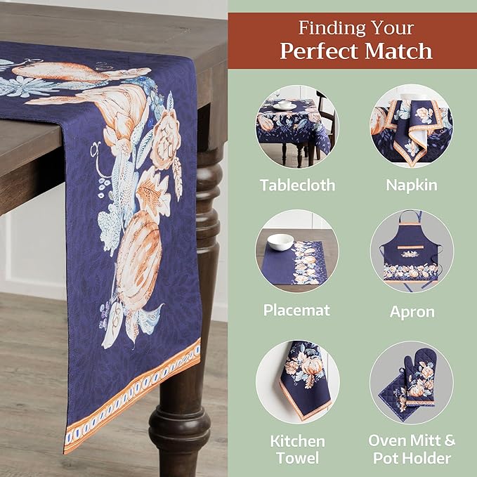 Maison d' Hermine Table Runner 100% Cotton Double Layer Table Runners 72 inches Long for Thanksgiving Christmas Decorations Home Kitchen Dining Party Wedding (Pumpkin Blues, 14.5" x 72")