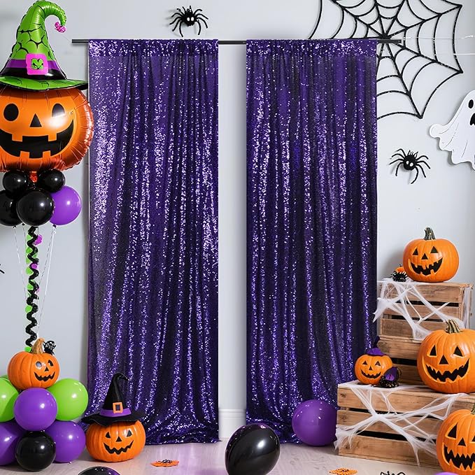 Poise3EHome 2Pcs 3Ft x 8Ft Purple Sequin Backdrop Curtain, Glitter Photography Background, Sequence Xmas Thanksgiving Backdrop for Wedding Party Holiday Festival Decor