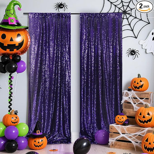 Poise3EHome 2ft x 8ft Purple Sequin Photography Backdrop Curtain 2 Panels for Party Decoration, Purple