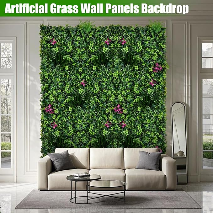 Artificial Grass Wall Panels, 20"x20" 16pcs Grass Backdrop Wall with Mint Plant Leaves, UV-Anti Fake Greenery Plant Boxwood Panels for Privacy Fence Screen, Outdoor Green Wall Decor for Patio Garden