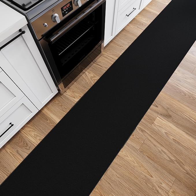 Ottomanson 2x20 Non Slip Extra Long Hallway Runner Rug with Rubber Backing - Solid Modern Kitchen Rug for Bedroom or Living Room, Black, 2' x 20'