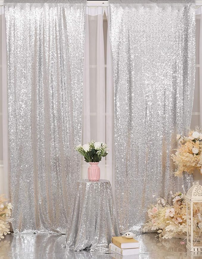 Poise3EHome Silver Sequin Backdrop Curtain, 2 PCS 5FT x 10FT Sequin Panels for Backdrop,Sequence Wedding Party Background Drapes