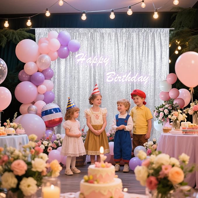 SquarePie Sequin Backdrop Not See Through Thick Stain Background for Photography Glitter Curtain Party 8FT x 8FT Silver