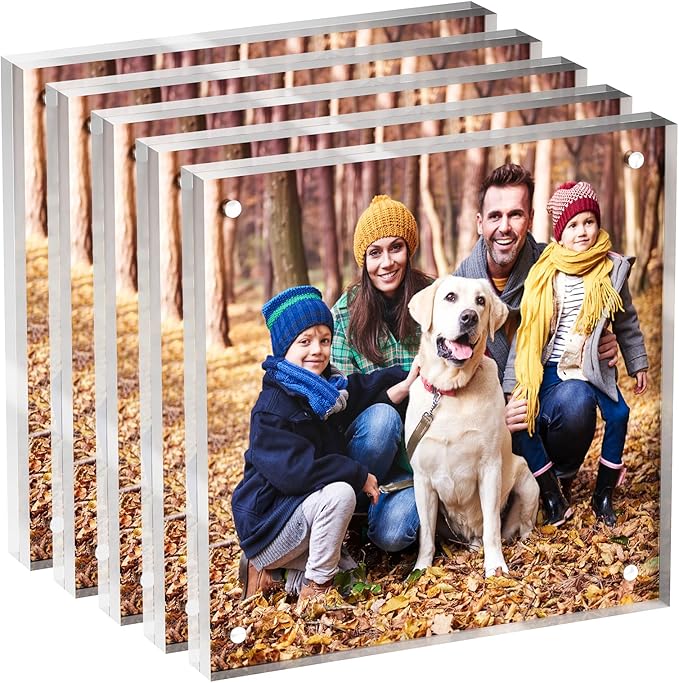 5x5 Acrylic Picture Frame 5 Pack, Clear Freestanding Double Sided Frameless Magnetic Photo Frames, Desktop Display Decor Gift