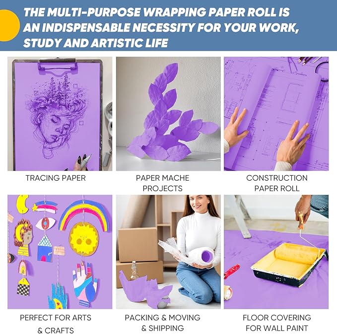 Purple Wrapping Paper, 15"x900" (75FT) Art Craft Construction Bulletin Board Decorative Paper Roll for Mother's Day Birthday Mardi Gras Anniversary Wedding Bouquet Flower Gift Wrap Floral Supplies