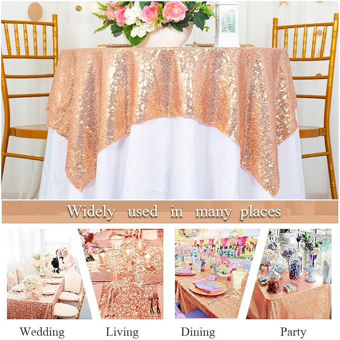 ShinyBeauty Rose Gold Tablecloths 36X36 Inch, 2 Pieces Sequin Table Cloth for Party Sparkle Table Cloth Square Rose Gold Shimmer Table Overlay Small Tablecloth Linen for Wedding, Birthday Tables