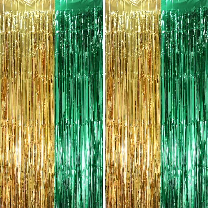 2 Pack Green and Gold Foil Fringe Backdrop Curtains, Tinsel Streamers Party Decorations, Fringe Backdrop, Door Shimmer for Graduation or Birthday Party
