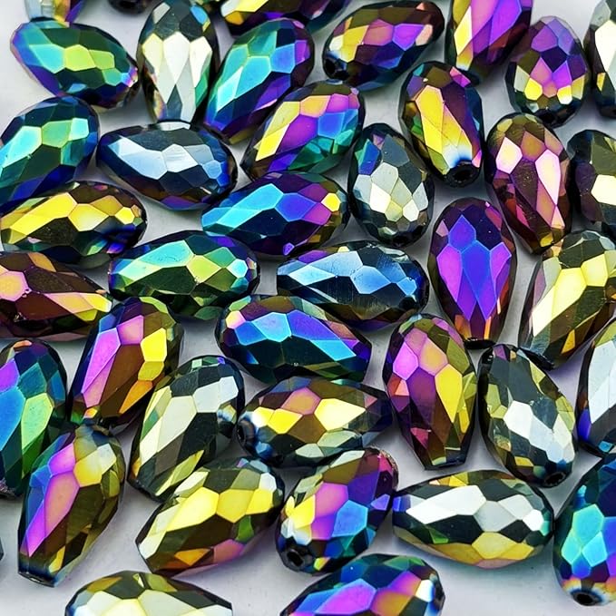100pcs 8x12mm Teardrop Crystal Glass Beads for Jewelry Making, Faceted Vertical Hole Teardrop Glass Spacer Beads for Wind Chimes Bracelet Earring Necklace DIY Craft(Rainbow)