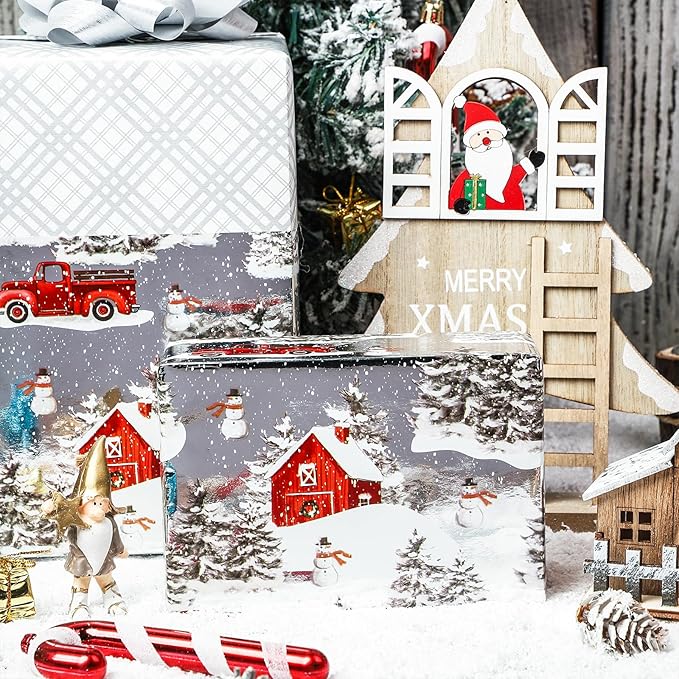 LeZakaa Christmas Silver Wrapping Paper Mini Roll for Boy Kid, Red Truck, Snowy Pine Forest & Grid Plaid, Silver Foil Reversible Design for Winter Holiday Family Gathering, 17 inches x 32.8 Feet