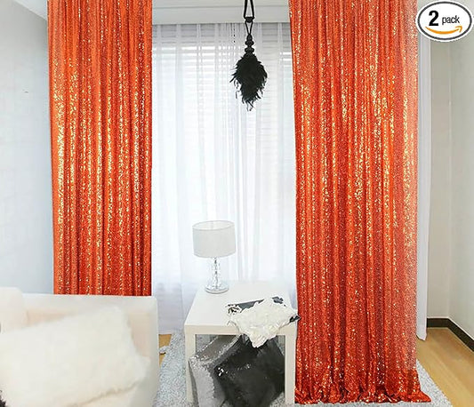 ShinyBeauty Sequin Curtains 2 Panels 4x10ft Orange Sequin Backdrop Curtains Sparkly Curtain Selfie Wall for Parties Wedding Decoration