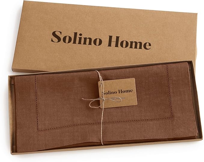 Solino Home Linen Brown Table Runner 108 Inches Long - 100% Pure Linen 14 x 108 Inch Table Runner for Fall, Autumn, Thanksgiving - Classic Hemstitch