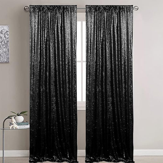 Black Sequin Curtains, 2 Panels (2FT x 8FT), Glitter Drapes, Sparkle for Wedding, Bridal, Birthday & Halloween