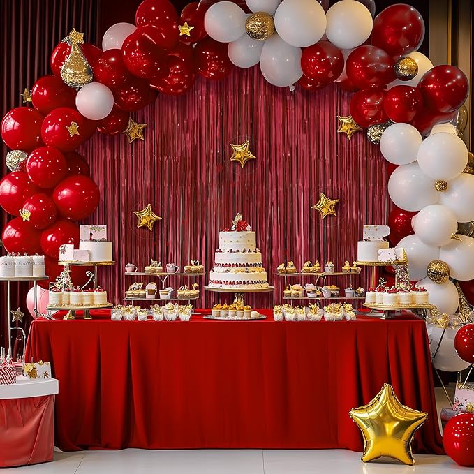 2 Pack Red Fringe Backdrop, 3.2x8.2ft Shining Foil Tinsel Curtains, Birthday Party Decorations Door Streamers for Halloween, Christmas, Wedding, Graduation, Holiday, Theme Events