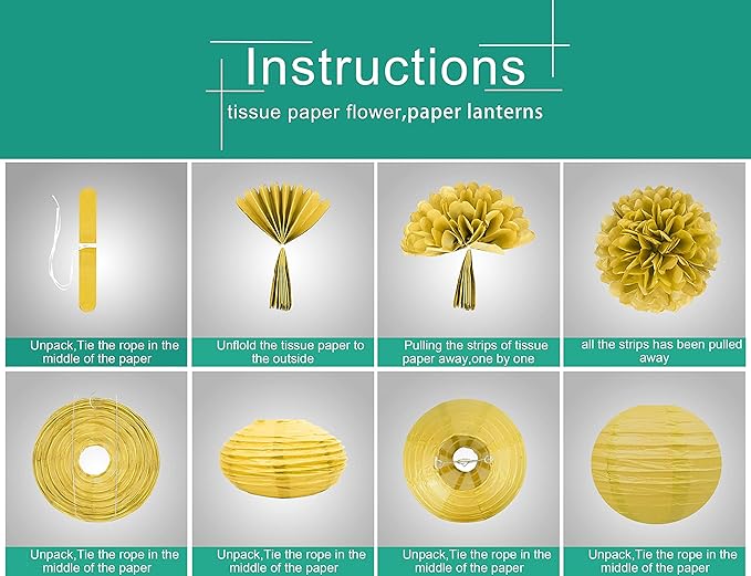 White Gold Teal Party Decorations – 15Pcs Tissue Paper Flowers Pom Poms Paper Lanterns for Women Birthday Party Decoration Baby Shower Bridal Shower Bachelorette Engagement