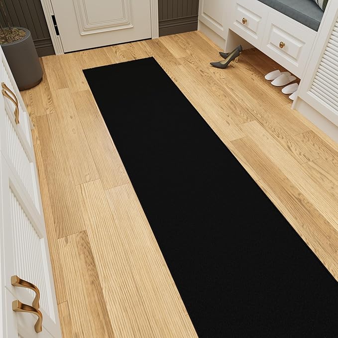 Ottomanson 2x20 Non Slip Extra Long Hallway Runner Rug with Rubber Backing - Solid Modern Kitchen Rug for Bedroom or Living Room, Black, 2' x 20'