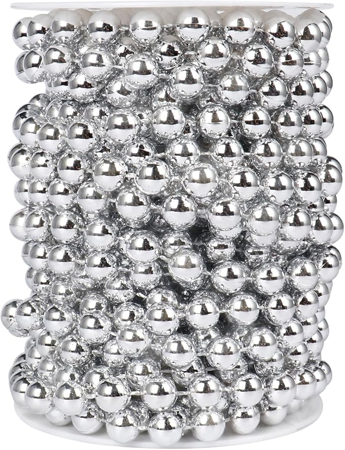[33 Feet] Silver Pearl Beads Garland, 10MM 11 Yards Silver Faux Pearl Beads String Roll Bulk for DIY Craft Christmas Tree Wedding Party Decoration