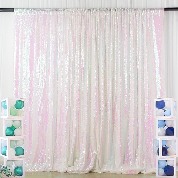 ShinyBeauty Photo Booth Backdrop - Iridescent White Sequin 8FTX10FT Sparkle Backdrop for Baby Shower & Birthday