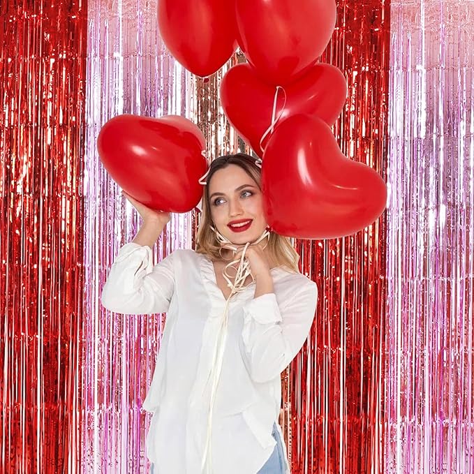 TONIFUL Valentine's Day Door Streamers,Red Pink and Rose Gold Photo Booth Backdrop Metallic Streamers Foil Fringe Curtain for Birthday Valentine's Day Bridal Shower Engagement Party Decoration