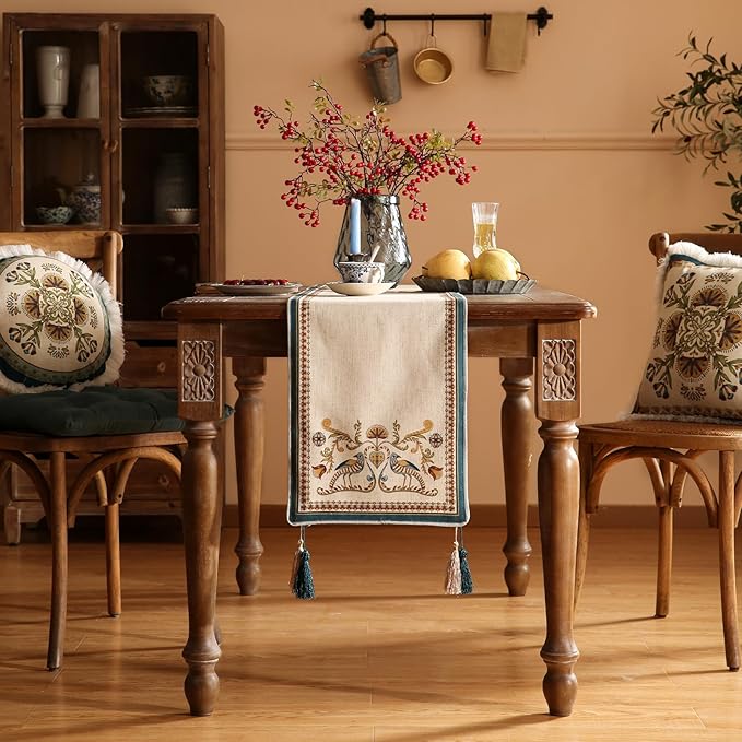 patdrea Designer Beige Farmhouse Geometric Patterned Extra Long,Wrinkle Resistant Linen Table Runner 118 Inch Long,Decoration for Kitchen Dining and Coffee Tables Banquet Christmas , 12"x118"