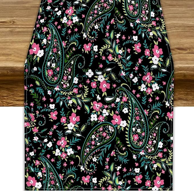 Paisley Table Runner, Abstract Vintage Boho Pink Paisley Flowers Green Teal Leaves Print Table Runner for Dinning Holiday Party Indoor Outdoor Decor, 13x108inch