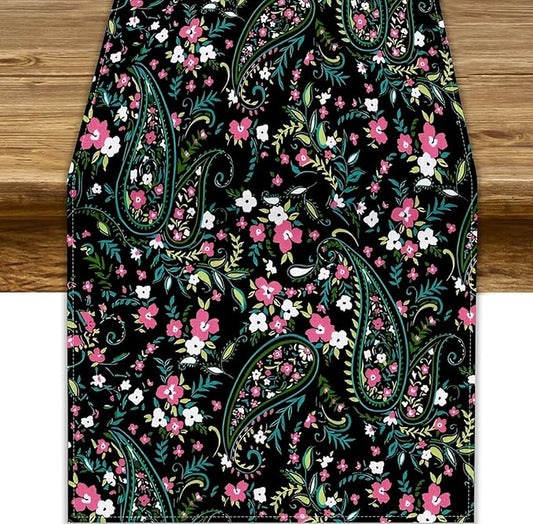 Paisley Table Runner, Abstract Vintage Boho Pink Paisley Flowers Green Teal Leaves Print Table Runner for Dinning Holiday Party Indoor Outdoor Decor, 13x108inch