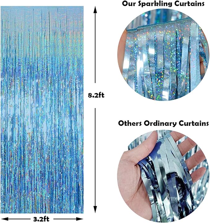 Melsan 2 Pack 3.2 ft x 8.2 ft Tinsel Foil Fringe Curtains Backdrop, Sparkle Metallic Foil Curtains for Party Photo Booth Props Baby Shower Memaid Decoration, Light Blue