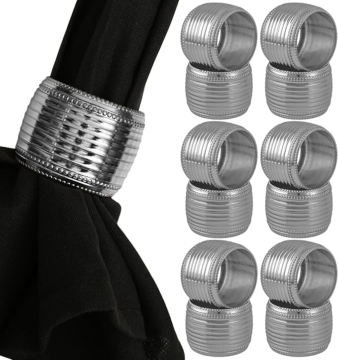 Silver Napkin Rings Set of 12, Beaded Napkin Rings - Rust Resistant, Durable Heavy Duty Napkin Holders for Family, Gatherings, Party, Farmhouse, Modern & Outdoor Dining Décor- ALPHA Living HOME
