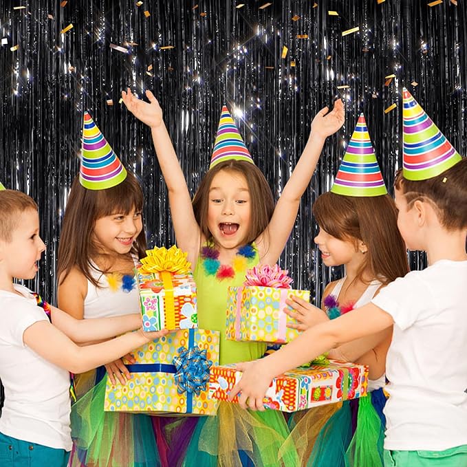 2 Pack Black Metallic Tinsel Foil Fringe Curtains, Door Streamers Photo Booth Backdrop for Birthday Party, Tinsel Curtain Backdrop for Baby Shower Bachelorette Christmas Party Decorations