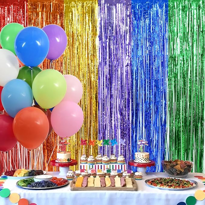 BEISHIDA 4 Pack Rainbow Streamers Fringe Foil Curtain Backdrop, Tinsel Curtain Wall Door Party Streamers for Birthday Party Decoration(3.28 ft x 6.56 ft)