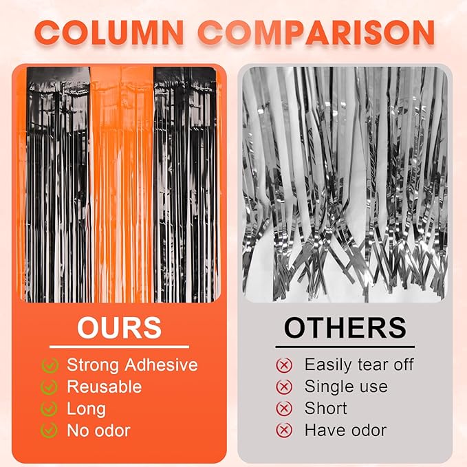 3 Pack 3.3x8.2 Feet Black and Orange Foil Fringe Backdrop Curtains, Tinsel Streamers Birthday Party Decorations, Fringe Backdrop for Graduation, Baby Shower, Gender Reveal, Disco Party