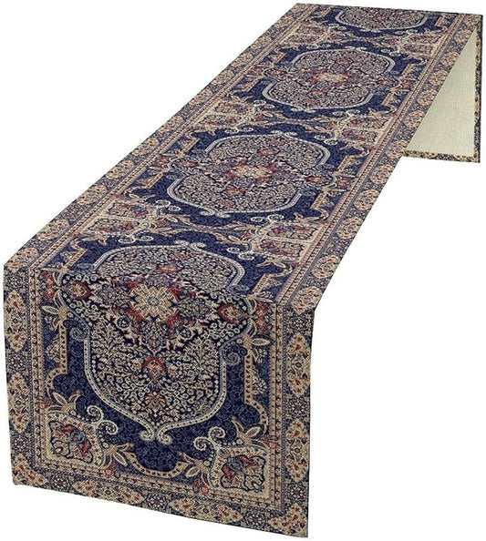 Vintage Boho Floral Table Runner, French Rustic Country Farmhouse Purple Golden Bohemia Flower Pattern for Home Kitchen Table Decor Dining Coffee Room Party Decor 13x36in