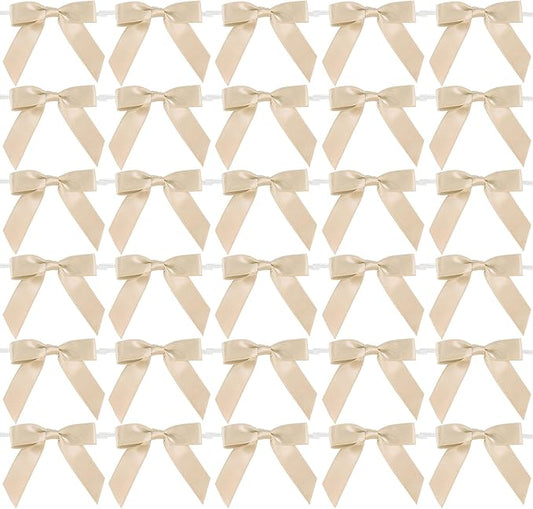 AIMUDI Small Champagne Christmas Bows 2.5" Premade Satin Ribbon Twist Tie Bows for Treat Bags Mini Bows for Christams Tree Ornaments Ribbon for Cake Pops Bows for Wedding Decor Gift Wrap- 50 Counts