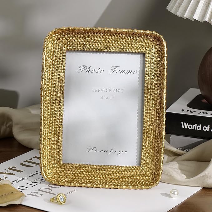 Cuspin Vintage Gold 5x7 Picture Frame, Gold Metal Rattan Textured Hand-Crafted Photo Frame with Glass Front Antique Picture Frame for Tabletop Display & Wall Display, Retro Design Home Decor