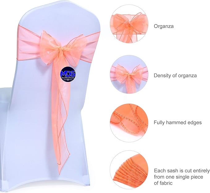 MDS Pack of 250 PCS Organza Chair Sashes Wider Dining Chair Bows Ribbon Tie Back for Wedding Party Birthday Bridal Shower Reception Event Banquet Home Chair Cover Decoration - Light Orange