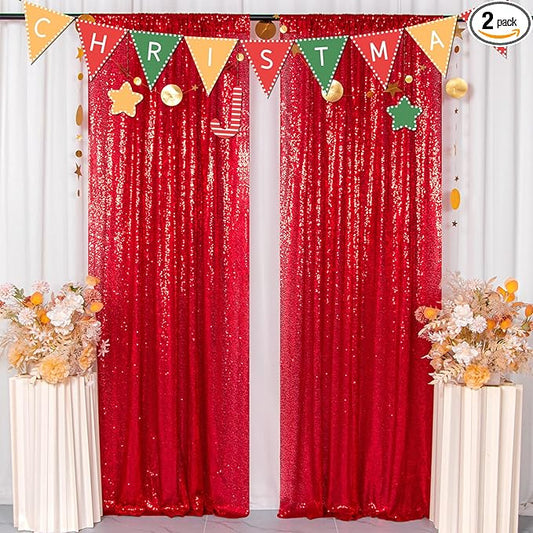 ShinyBeauty Red Sequin Backdrop | 2 Panels 4FTx8FT | Sparkly Wedding & Christmas Photo Background | Elegant & Dense Mesh Fabric | 96 Inches Long Booth Backdrops