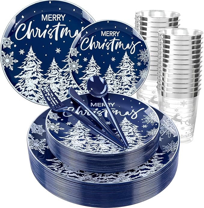 Supernal 150pcs Christmas Dinnerware Set - Blue and White Plates With Trees Design, Blue Silverware, Santa and Moose Silver Cups for New Year