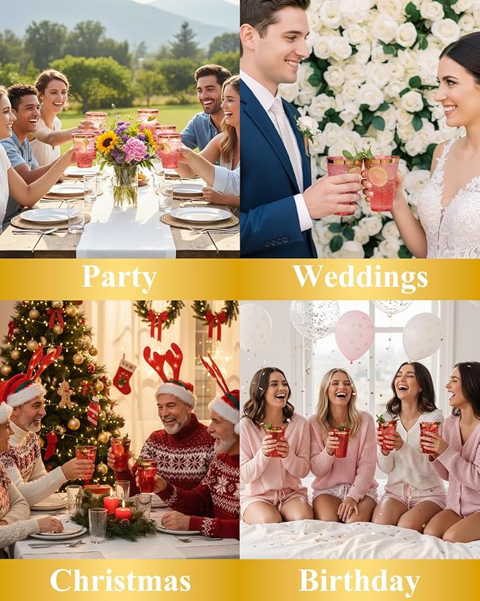 Goodluck 50PCS 14oz Red and Gold Plastic Cups for Party, Disposable Gold Rim Cups, Plastic Cocktail Glasses for Wedding Thanksgiving, Christmas, and Parties