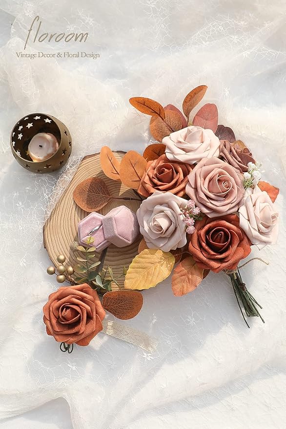 Floroom Artificial Flowers 25pcs Real Looking Burnt Orange Ombre Colors Foam Fake Roses with Stems for DIY Wedding Bouquets Bridal Shower Floral Centerpieces Party Tables Home Decorations